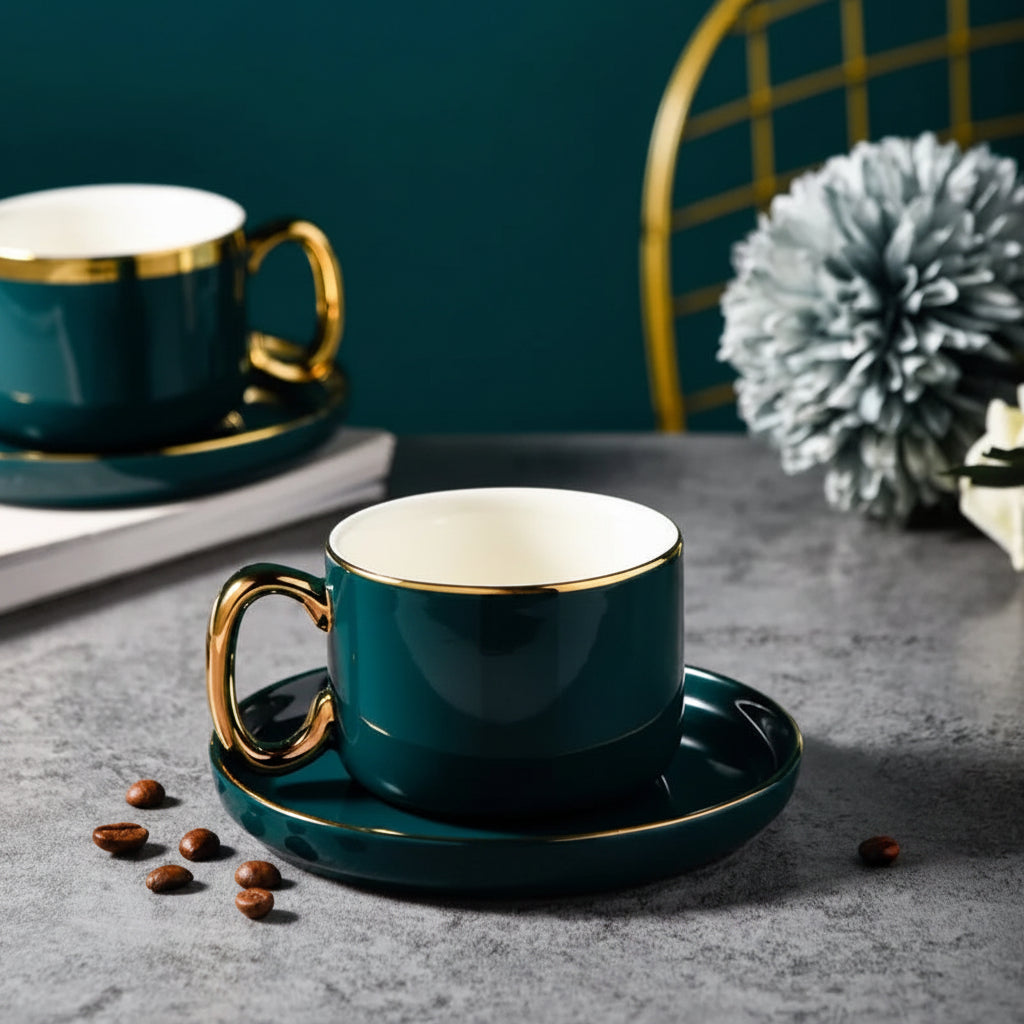 Arvella Ceramic Tea & Coffee Cup and Saucer Set – Gold Handle Drinkware