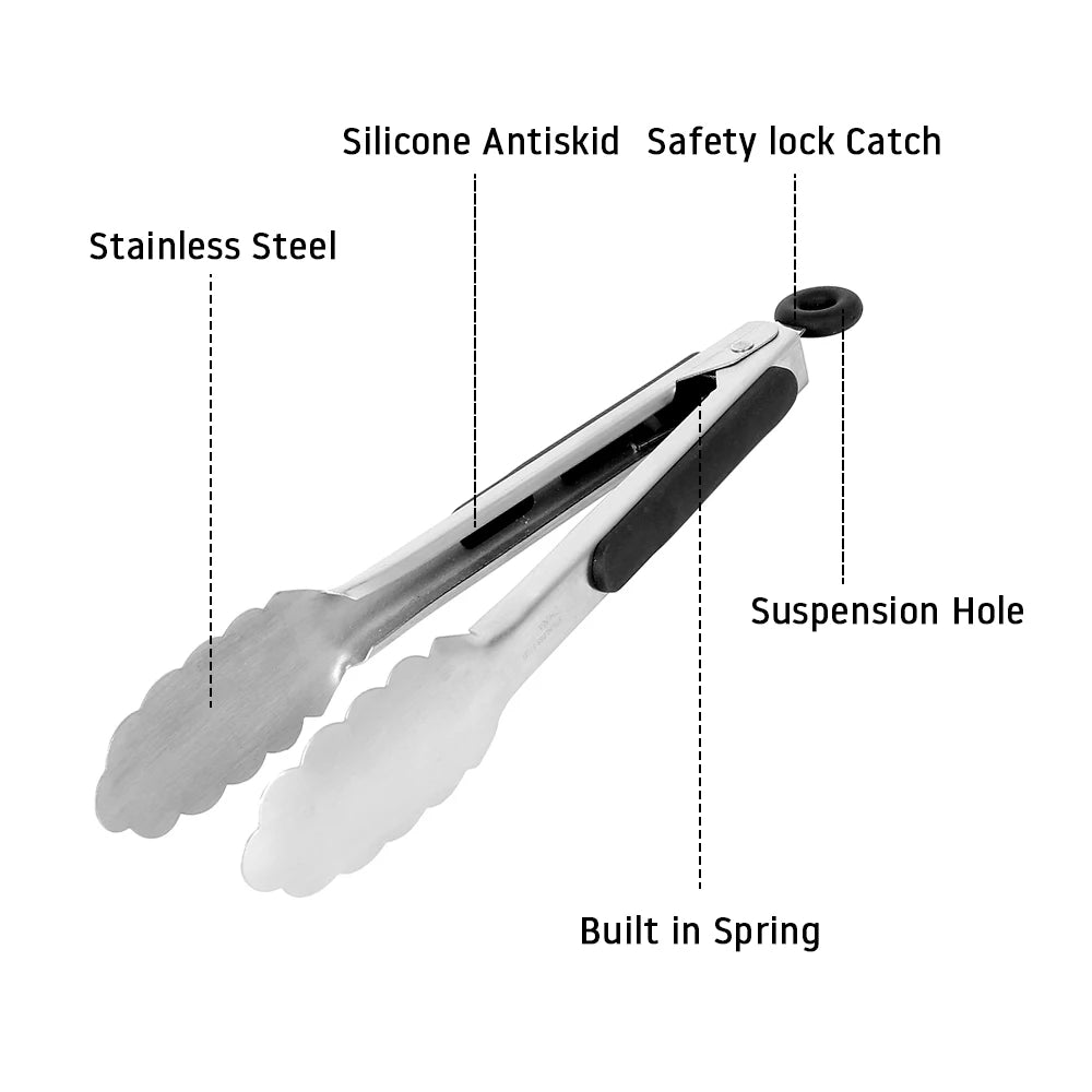 Stainless Steel Kitchen Tongs With Black Silicone Grip – 1 Piece Heat Resistant Serving & Cooking Tongs 9, 12, 16 Inch Options