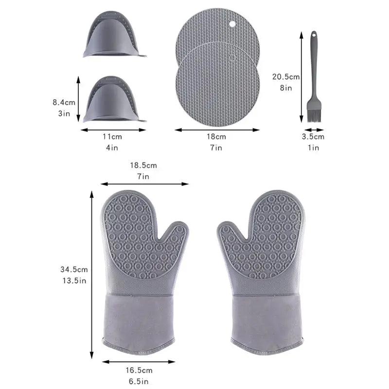 7 Piece - Silicone Kitchen Set – Heat Resistant Cooking Gloves, Mats, Brush & Clips