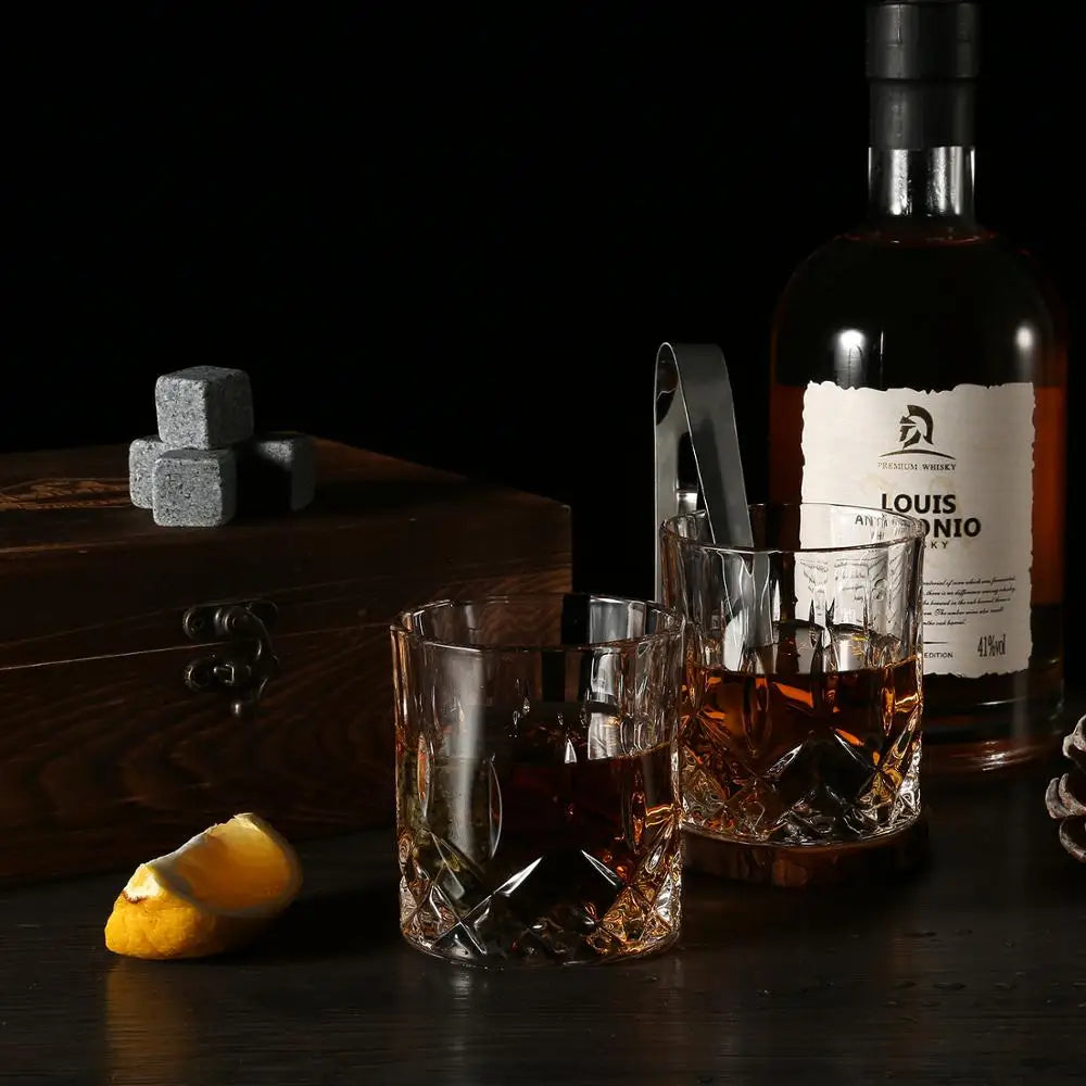 Signature Whisky Stones & Crystal Glass Gift Set in Wooden Box – Chilling Stones, Tongs & Premium Whisky Tumblers