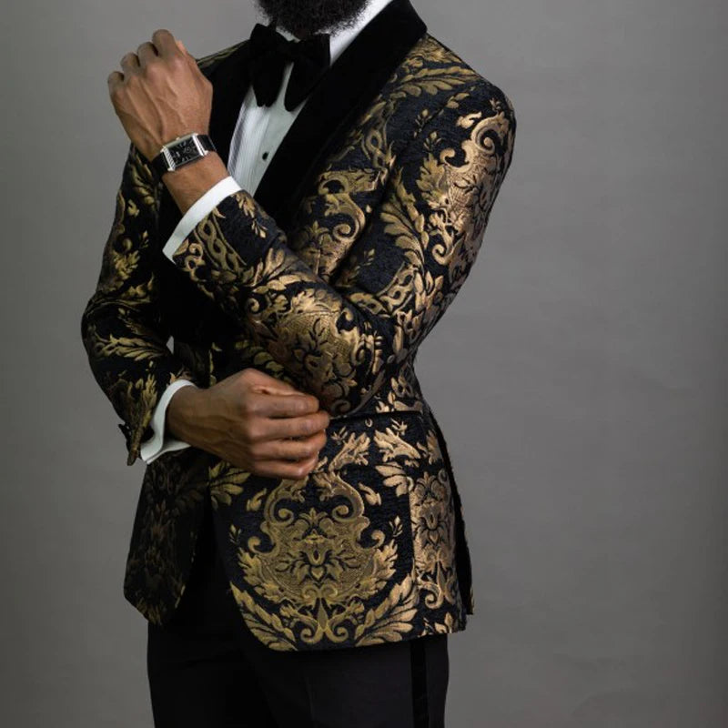 Regency Black and Gold Jacquard Slim Fit Tuxedo Jacket – Men’s Velvet Lapel Blazer for Weddings, Formal Events & Black-Tie Evenings