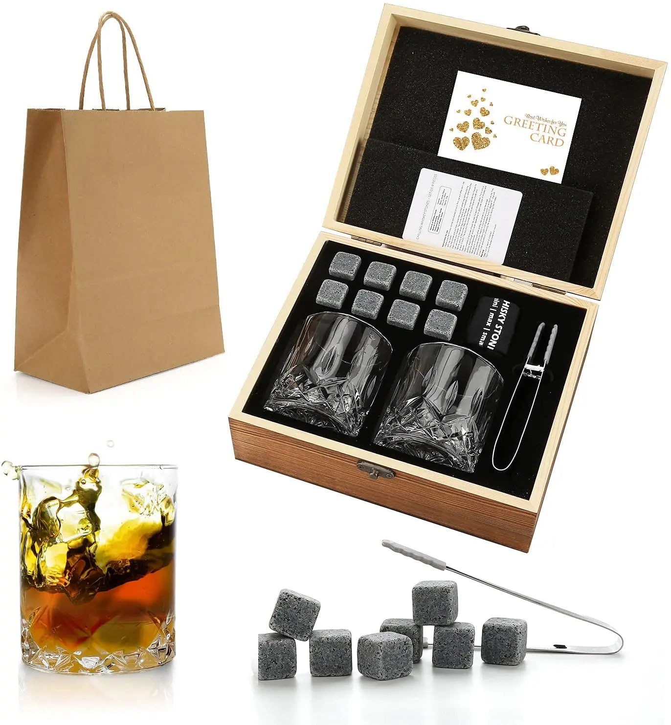 Signature Whisky Stones & Crystal Glass Gift Set in Wooden Box – Chilling Stones, Tongs & Premium Whisky Tumblers