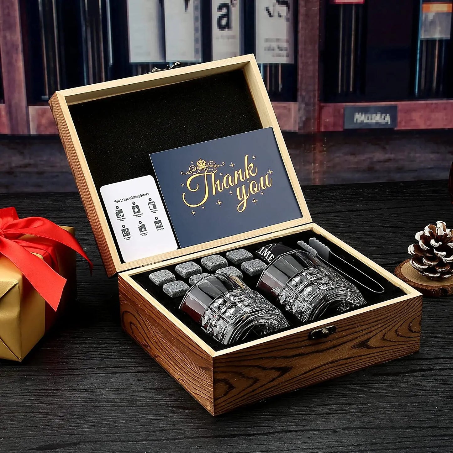Signature Whisky Stones & Crystal Glass Gift Set in Wooden Box – Chilling Stones, Tongs & Premium Whisky Tumblers