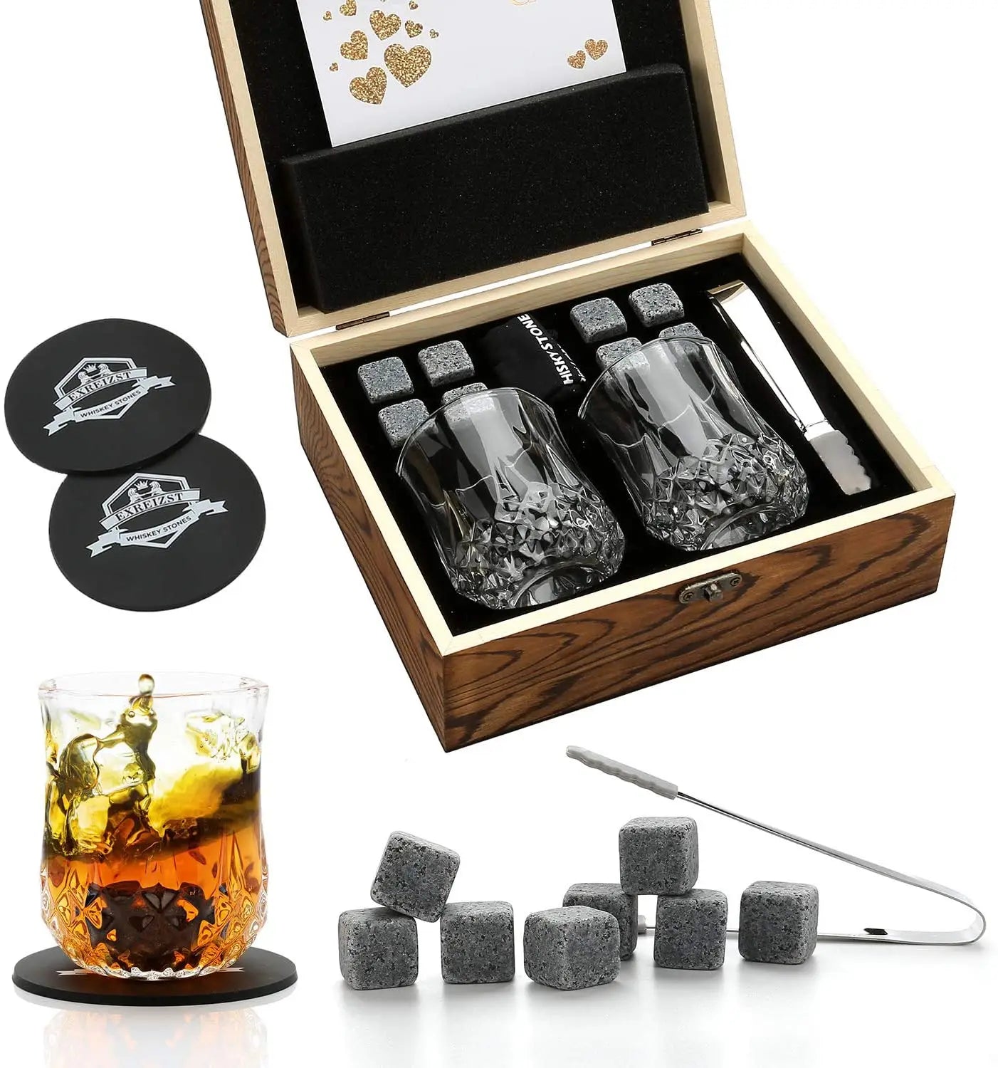 Signature Whisky Stones & Crystal Glass Gift Set in Wooden Box – Chilling Stones, Tongs & Premium Whisky Tumblers