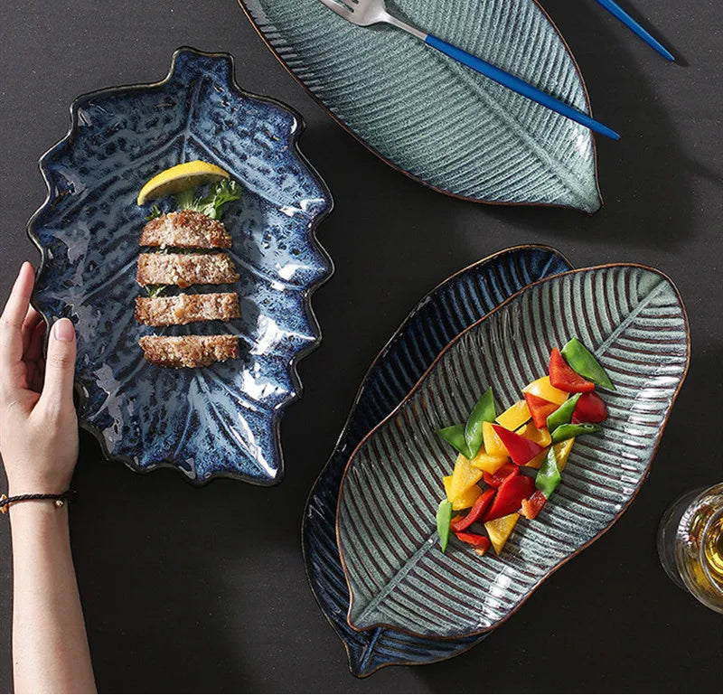 Kurohana Textured Leaf Ceramic Serving Plates – Sushi Plates, Dinnerware, Large Serving Platters
