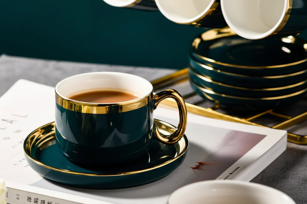 Arvella Ceramic Tea & Coffee Cup and Saucer Set – Gold Handle Drinkware