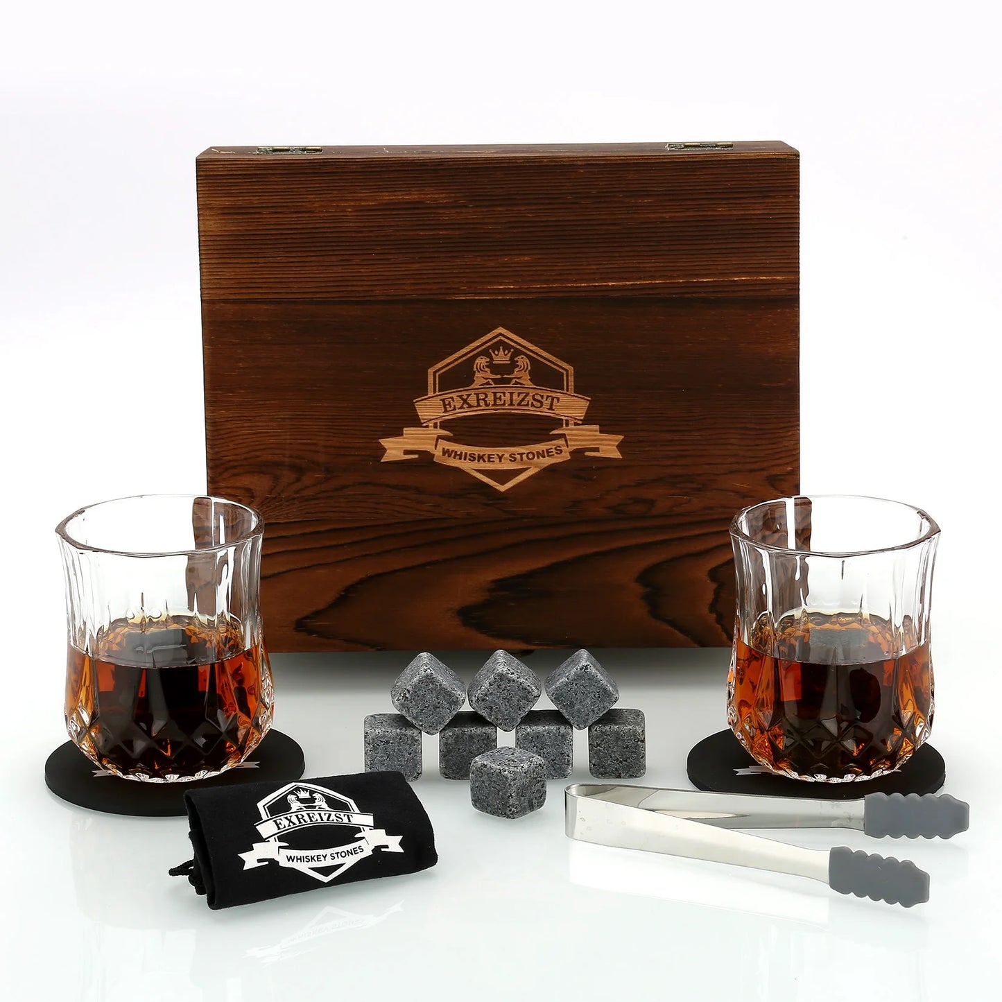 Signature Whisky Stones & Crystal Glass Gift Set in Wooden Box – Chilling Stones, Tongs & Premium Whisky Tumblers