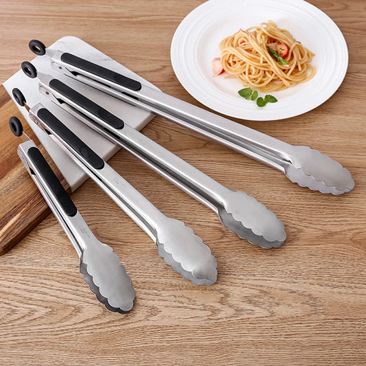 Stainless Steel Kitchen Tongs With Black Silicone Grip – 1 Piece Heat Resistant Serving & Cooking Tongs 9, 12, 16 Inch Options