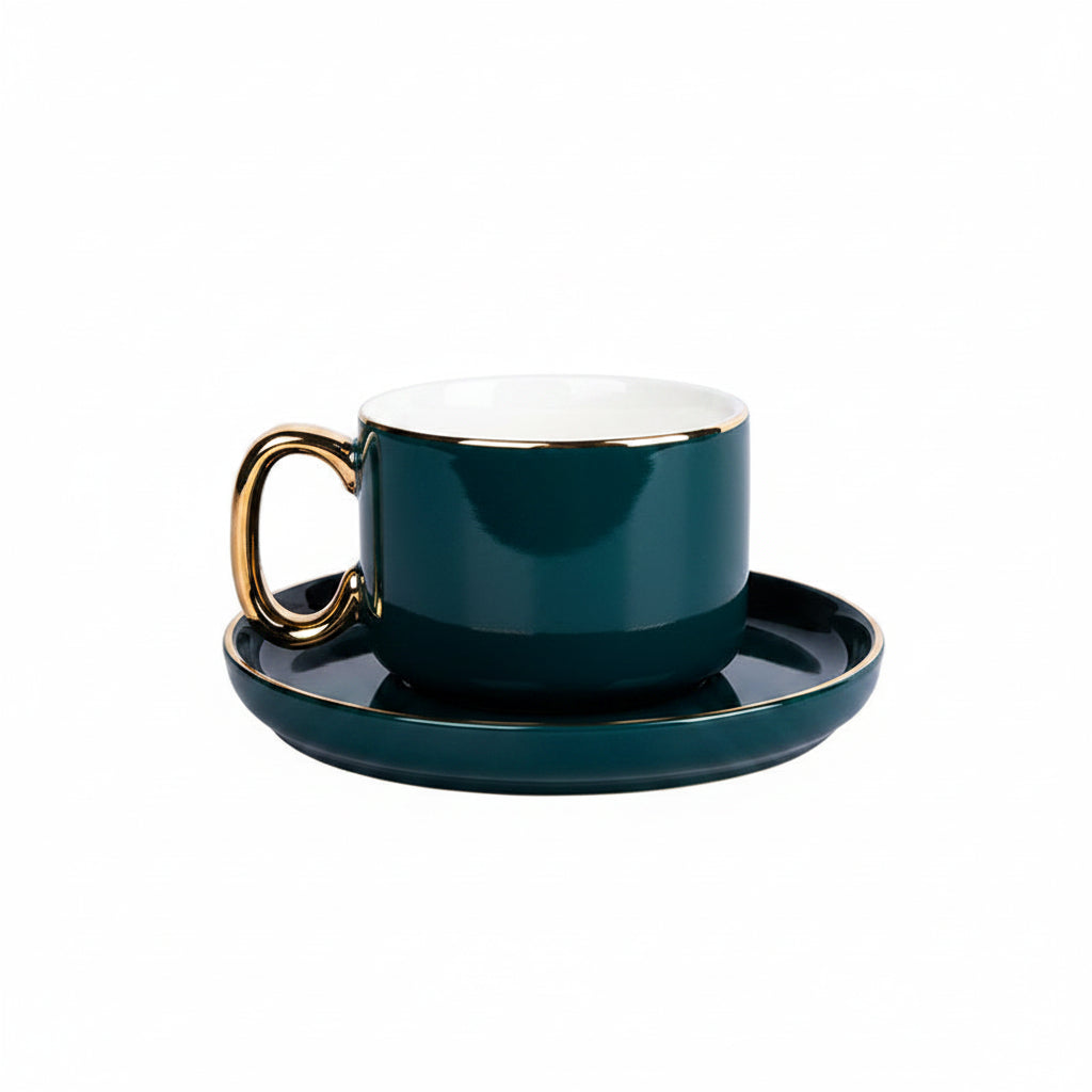 Arvella Ceramic Tea & Coffee Cup and Saucer Set – Gold Handle Drinkware