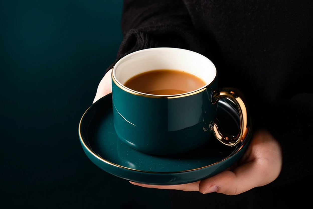 Arvella Ceramic Tea & Coffee Cup and Saucer Set – Gold Handle Drinkware