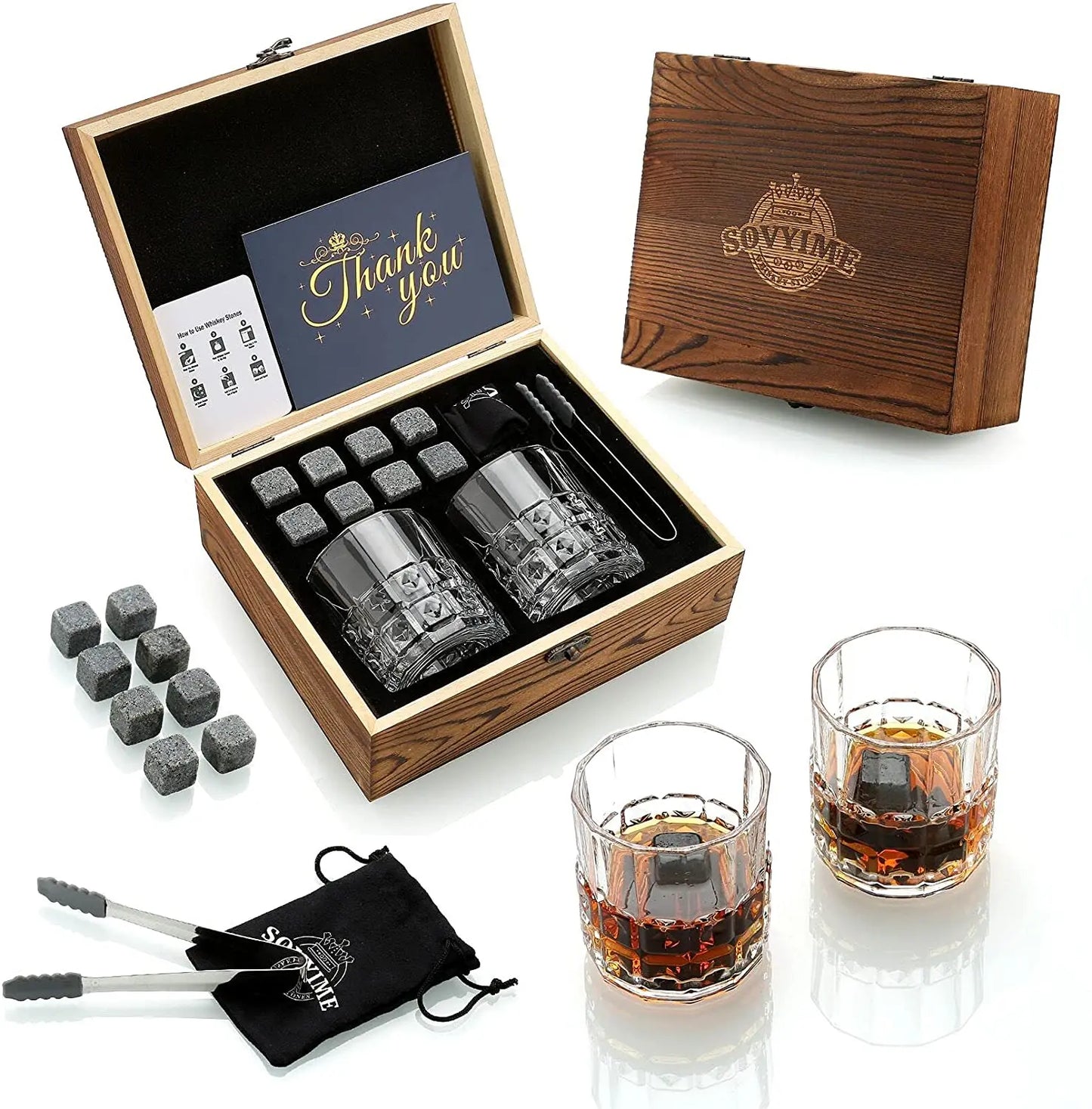 Signature Whisky Stones & Crystal Glass Gift Set in Wooden Box – Chilling Stones, Tongs & Premium Whisky Tumblers
