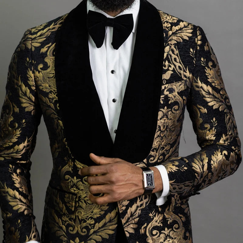 Regency Black and Gold Jacquard Slim Fit Tuxedo Jacket – Men’s Velvet Lapel Blazer for Weddings, Formal Events & Black-Tie Evenings