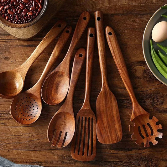 Natural Wooden Cooking Utensils Set – 7-Piece Spoon and Spatula Set