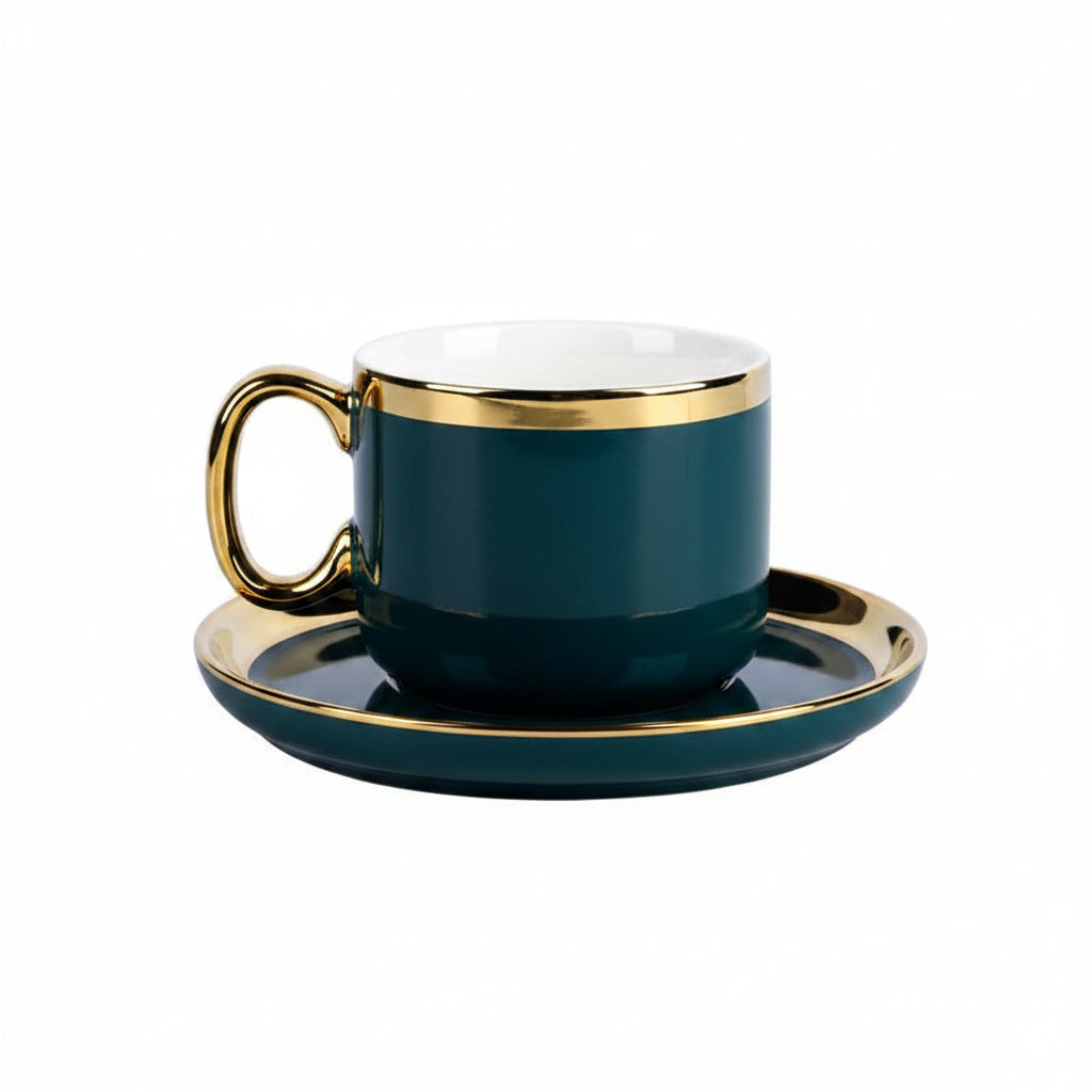 Arvella Ceramic Tea & Coffee Cup and Saucer Set – Gold Handle Drinkware