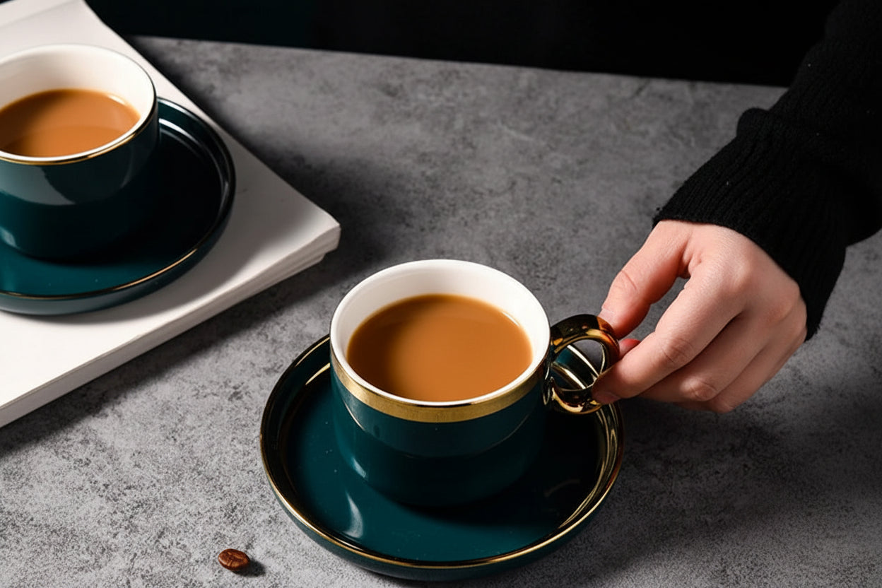 Arvella Ceramic Tea & Coffee Cup and Saucer Set – Gold Handle Drinkware