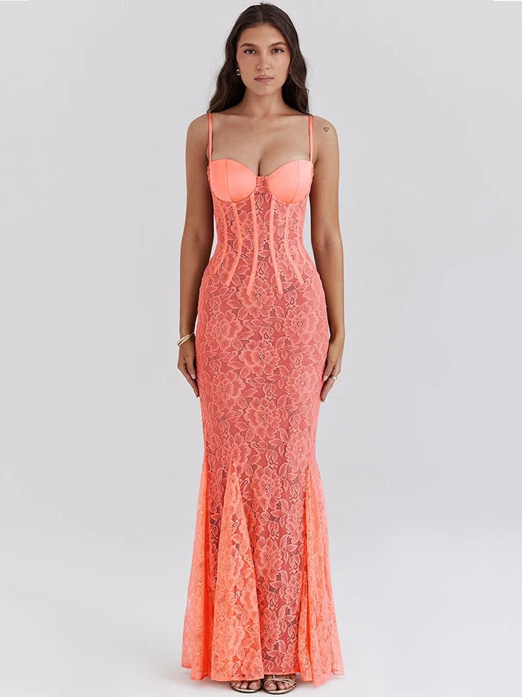 Isabella Lace Bustier Maxi Dress with Spaghetti Straps – Elegant Evening & Occasionwear