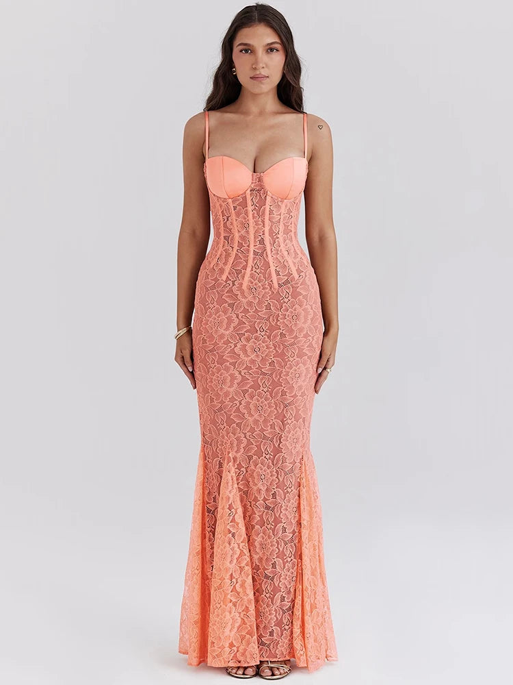 Isabella Lace Bustier Maxi Dress with Spaghetti Straps – Elegant Evening & Occasionwear