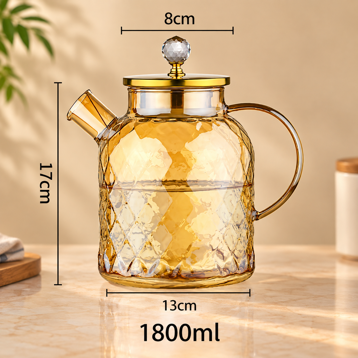 Auric Diamond Glass Jug – Heat-Resistant Tea & Water Pitcher