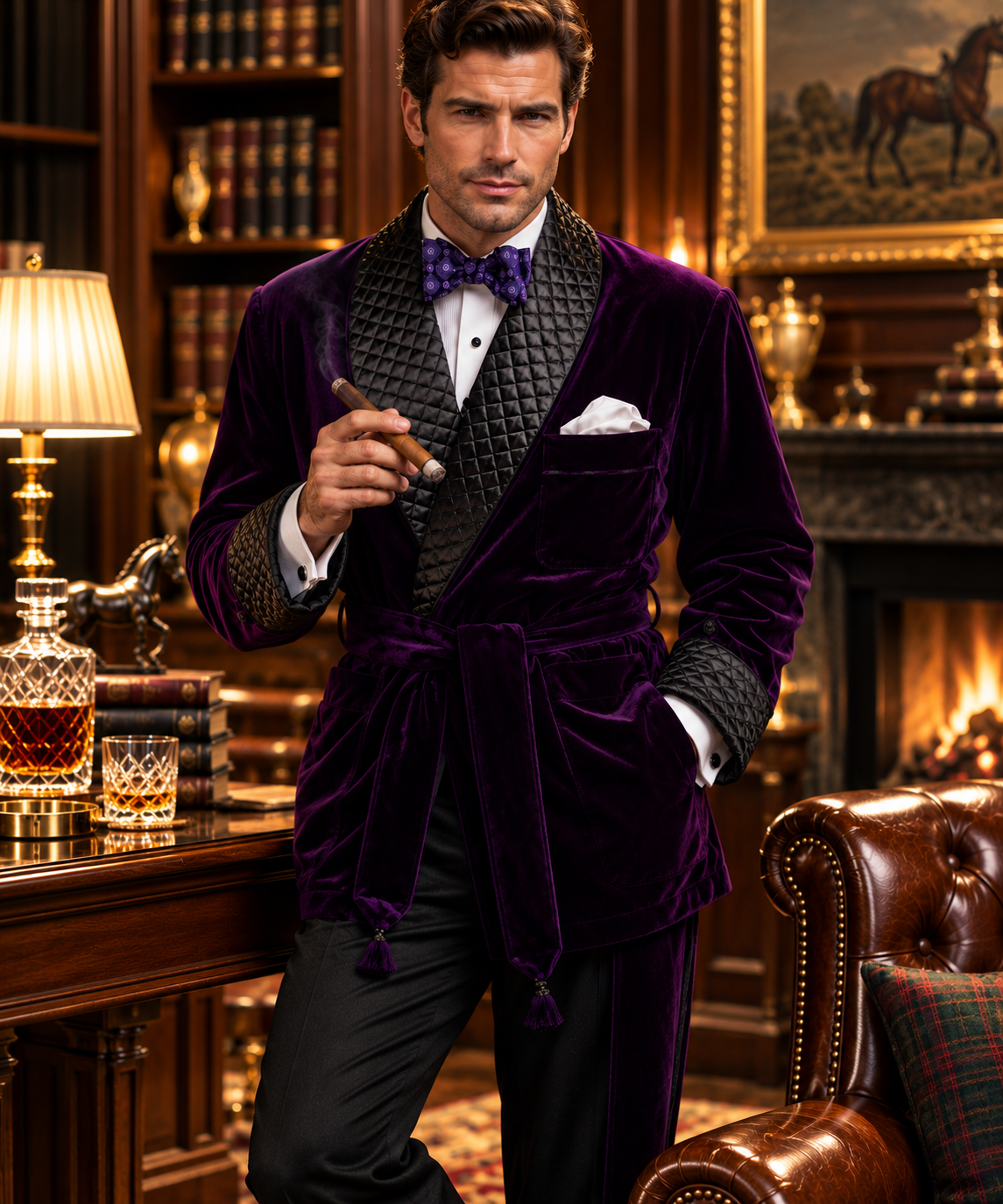 Kingswell Velvet Smoking Jacket – Men’s Quilted Lapel Evening Dinner Jacket with Waist Tie and Chest Pocket Square