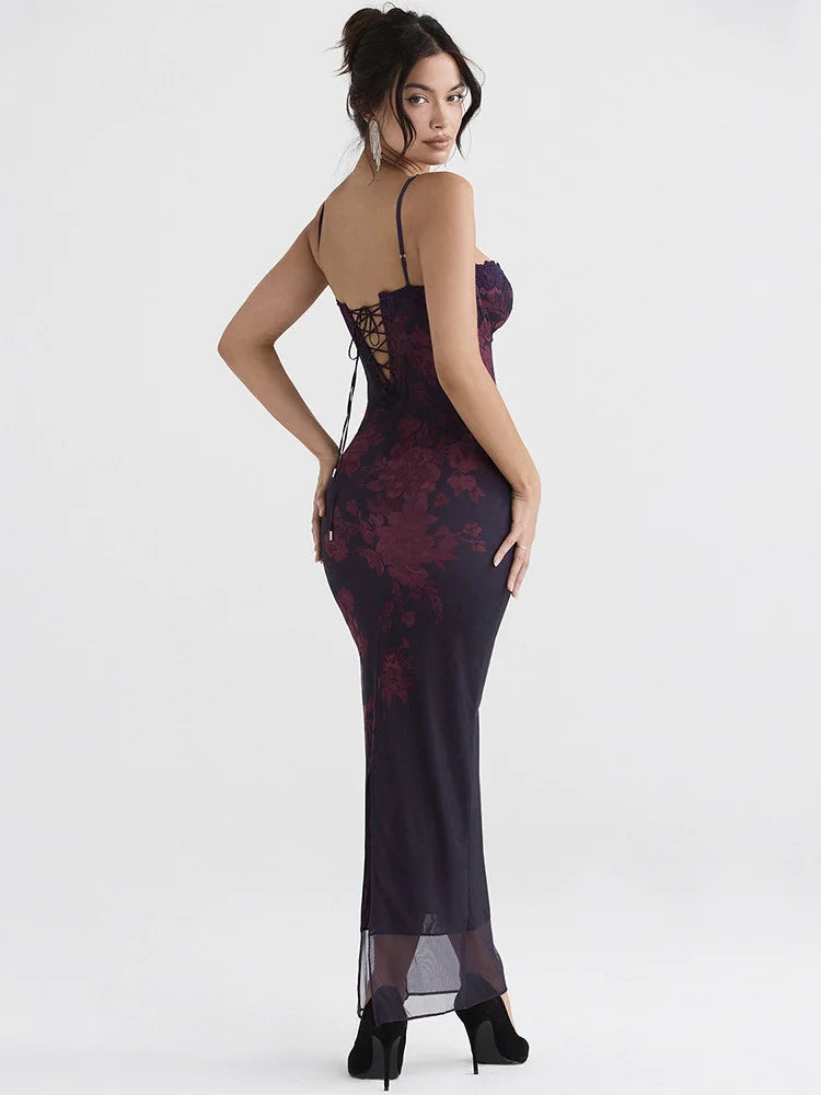 Lucia Deep Purple Floral Lace Bustier Bodycon Maxi Dress–Luxe Evening & Occasionwear