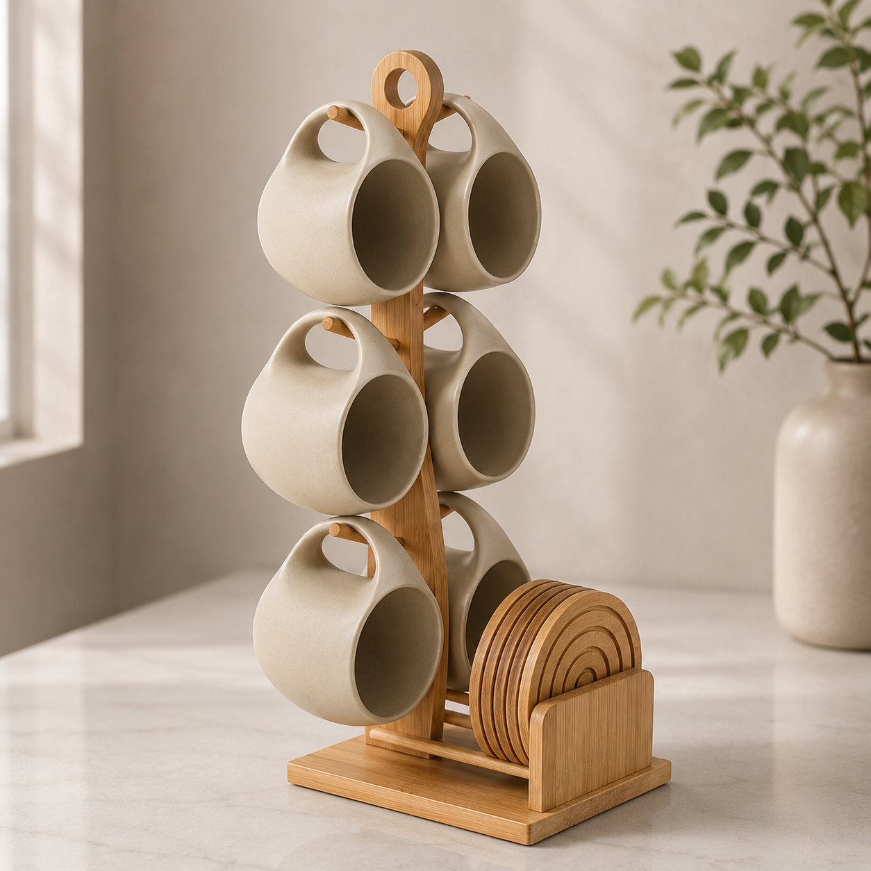 Mareno Ceramic Jug and Cup Set with Wooden Saucers – Rustic Drinkware Serving Set