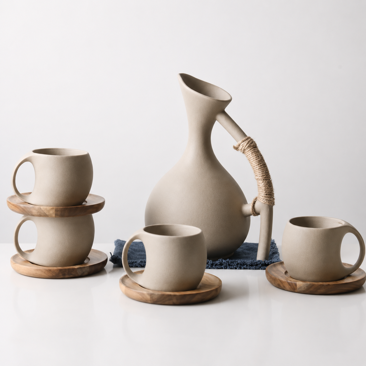 Mareno Ceramic Jug and Cup Set with Wooden Saucers – Rustic Drinkware Serving Set
