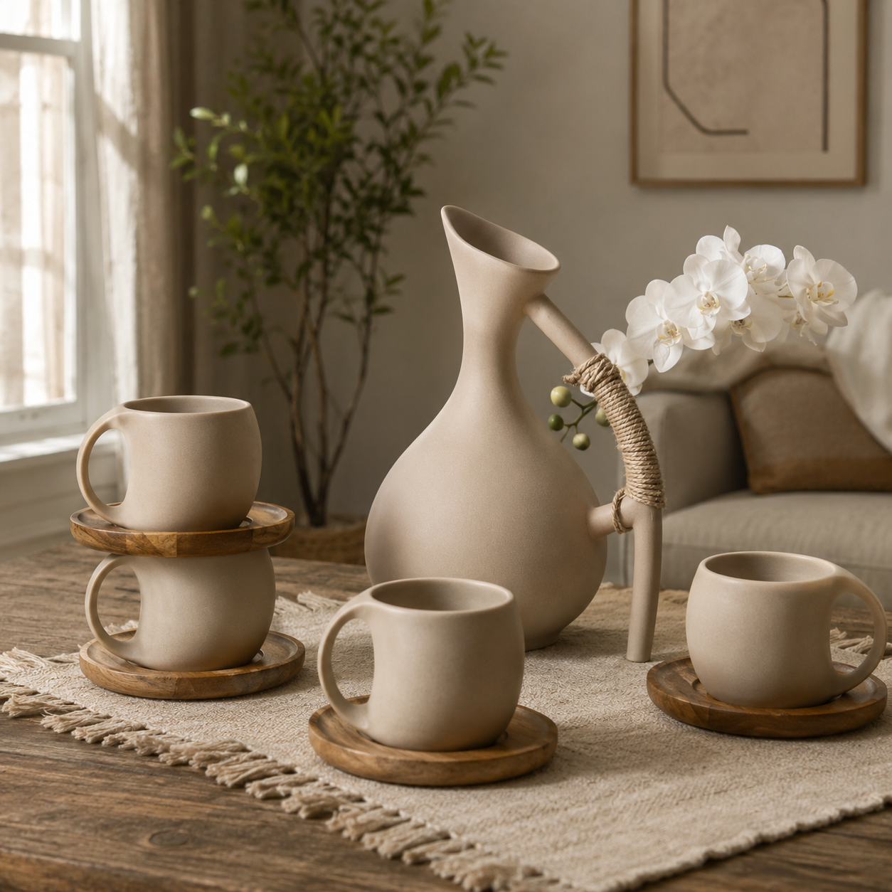 Mareno Ceramic Jug and Cup Set with Wooden Saucers – Rustic Drinkware Serving Set