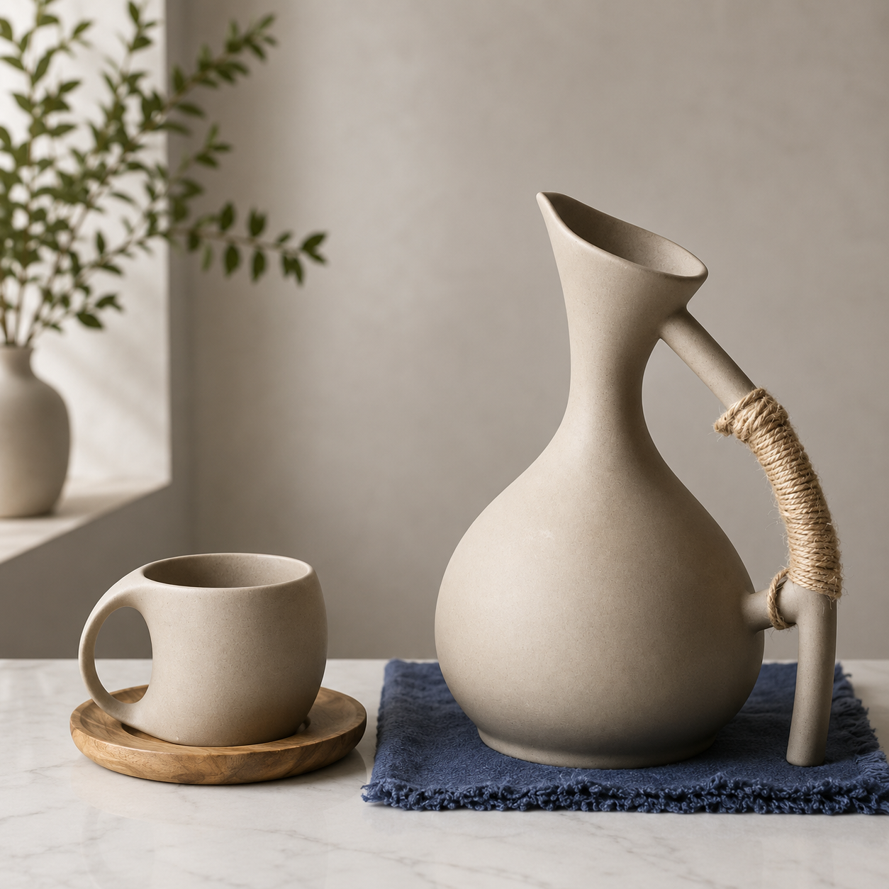 Mareno Ceramic Jug and Cup Set with Wooden Saucers – Rustic Drinkware Serving Set
