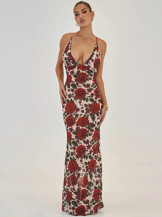 Rosa Red Floral Print Strappy Maxi Dress–Sultry Evening & Occasionwear
