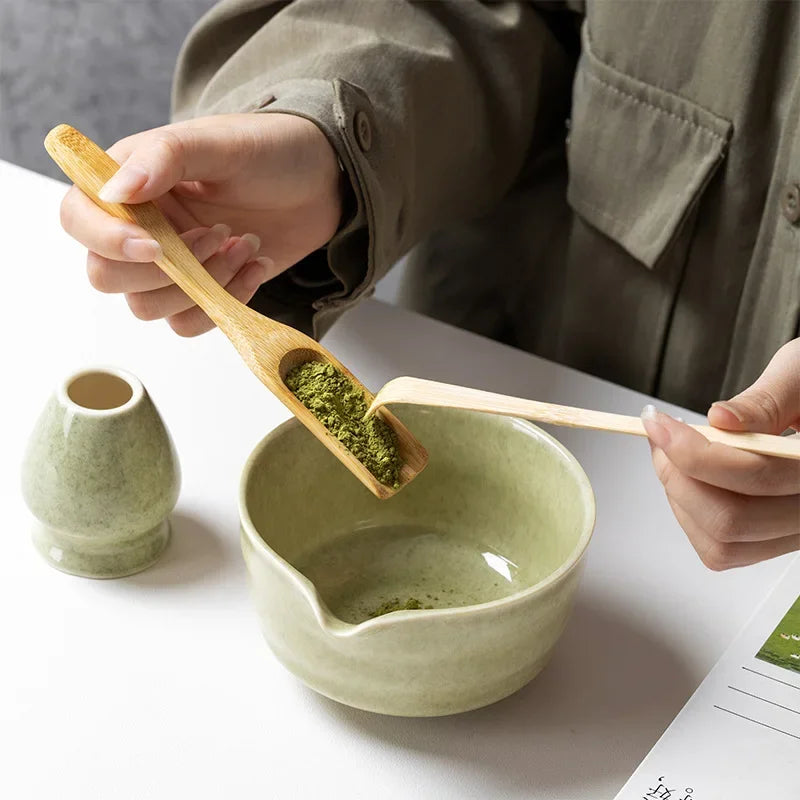 Matcha Tea Set with Ceramic Bowl & Bamboo Accessories – 4/5/6 Piece Traditional Japanese Matcha Kit in Sage Green