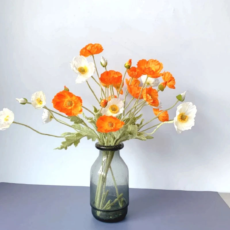 Meadow Poppy Stem Bundle – Silk Poppy Flower Stem with 3 Blooms and 1 Bud for Vase Arrangements and Home Styling