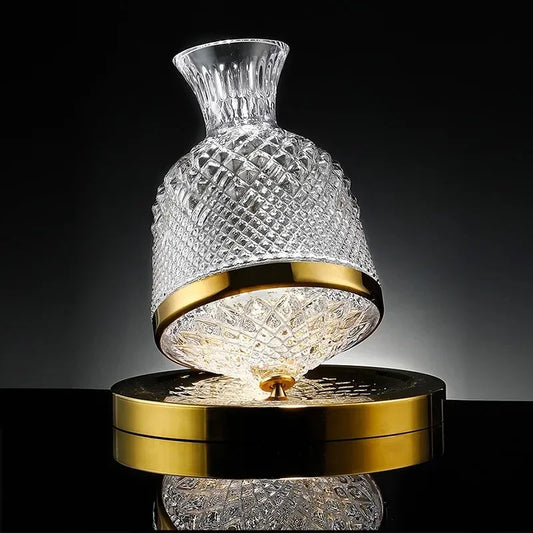 Rotating Crystal Whiskey Decanter with Gold/ Silver Base – 1.5L, Luxury Glass Liquor Carafe for Home Bar