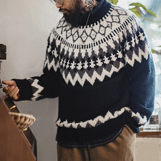 Albric Fair Isle Knit Jumper – Men’s Heavyweight Round Neck Christmas Jumper with Nordic Pattern in Black and White