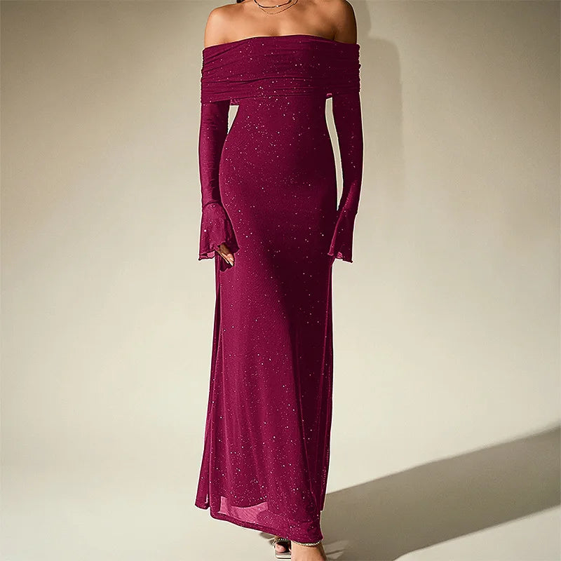 Aurevielle Off Shoulder Glitter Mesh Maxi Dress – Long Sleeve Bodycon Evening, Party & Wedding Guest Gown