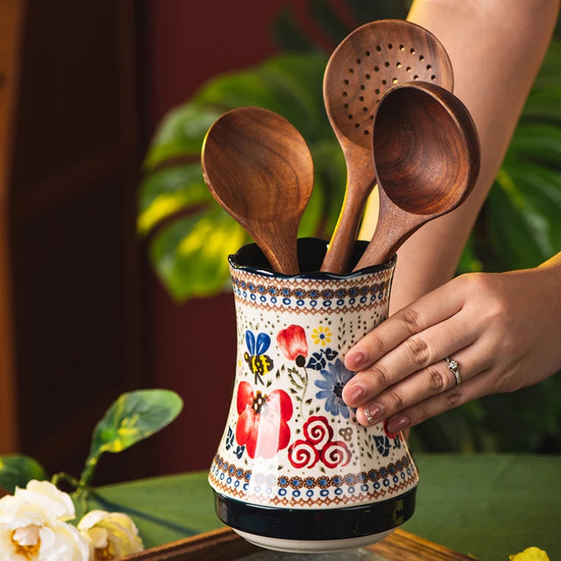 Floria Ceramic Utensil Holder – Floral Kitchen Utensil Caddy with Drain Base, Cutlery Holder, Spoon Fork Storage Organiser