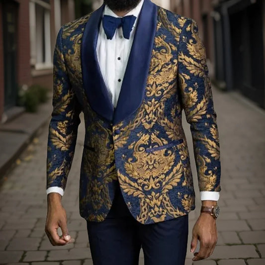 Carriston Men’s Navy and Gold Brocade Slim Fit Tuxedo Jacket – Satin Shawl Lapel Evening Dinner Jacket