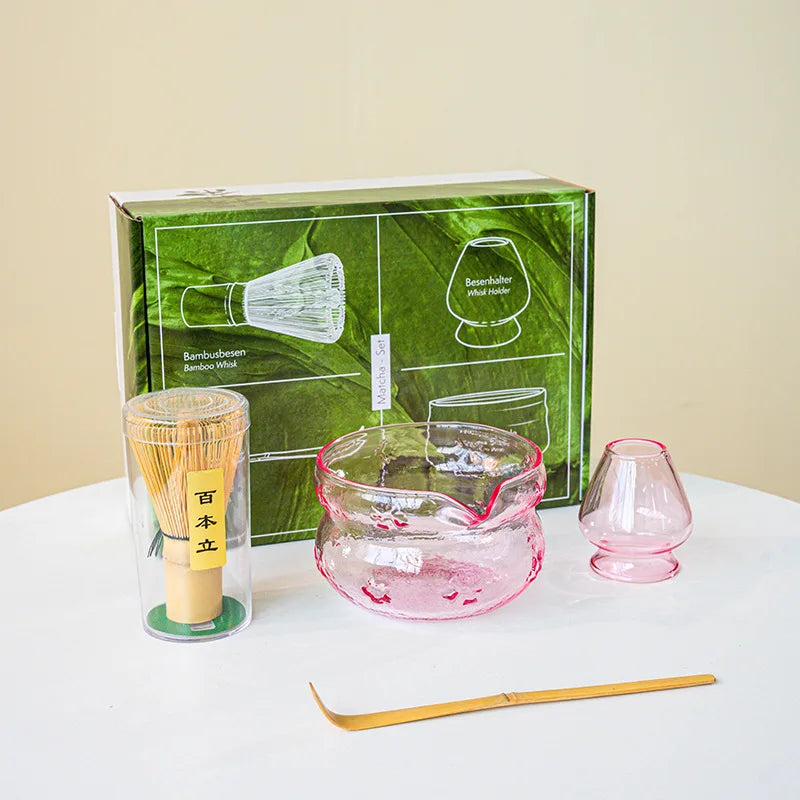 Matcha Tea Ceremony Set – Pink/ Blue Glass Matcha Bowl With Bamboo Whisk, Scoop & Accessories 4/5/7/8 Piece Set