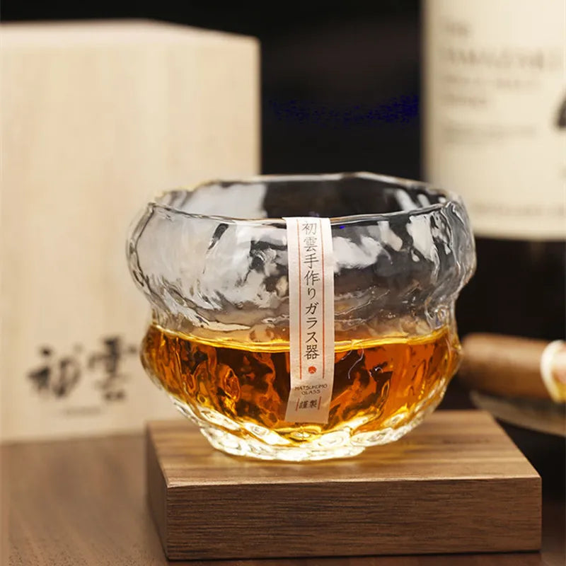 Hikari Sculpted Whisky Glass – Japanese Hand-Blown Irregular Crystal Tumbler with Wooden Gift Box | Single or 2-Piece Set