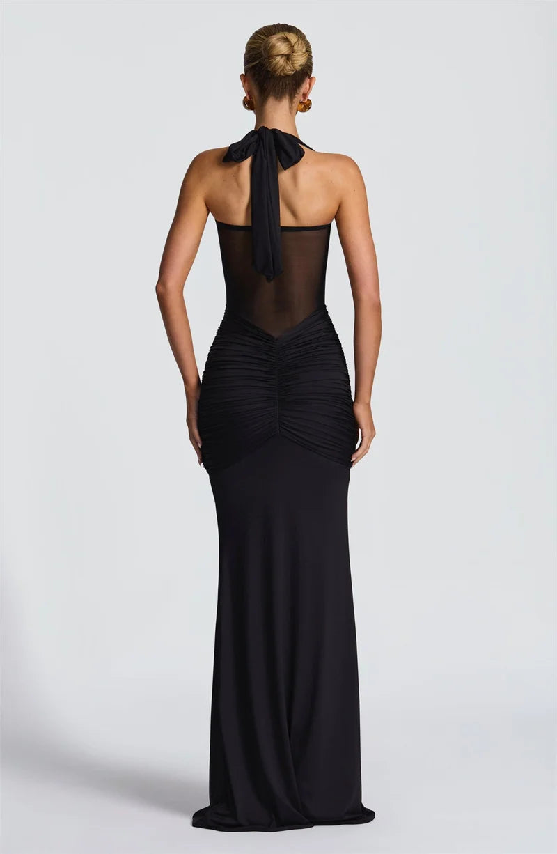 Syrene Halter Ruched Bodycon Maxi Dress – Sculpting Evening Gown for Weddings, Events & Parties
