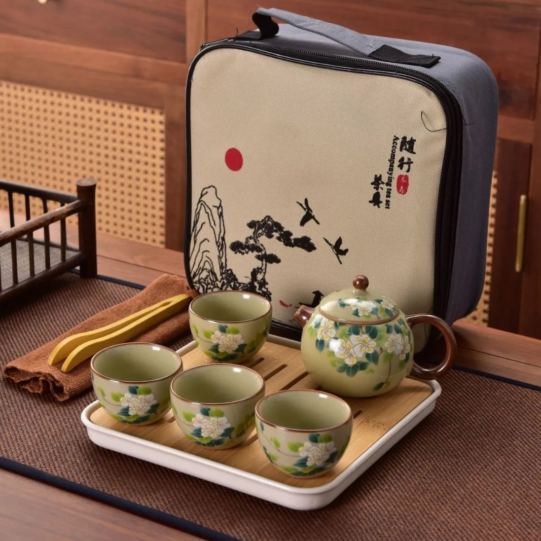 Willow Grove Travel Tea Set Collection – Ceramic Teapot and 4 Teacups Portable Tea Set with Case for Home, Gift and Outdoor Use