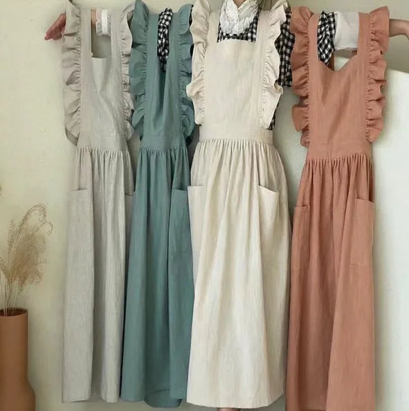Vintage Frill Apron Dress – Ruffle Strap Kitchen Apron with Pockets for Cooking, Baking & Cleaning