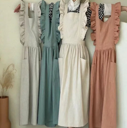 Vintage Frill Apron Dress – Ruffle Strap Kitchen Apron with Pockets for Cooking, Baking & Cleaning