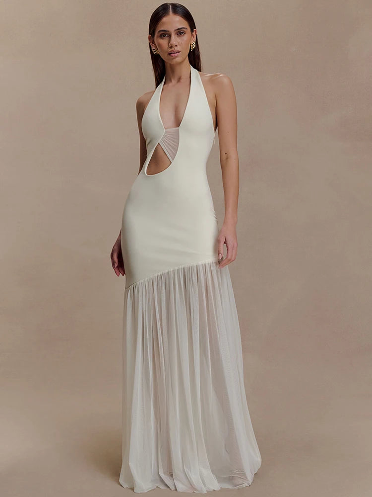 Maelisse Cut Out Halter Neck Maxi Dress – Elegant Evening Gown with Sheer Asymmetric Skirt