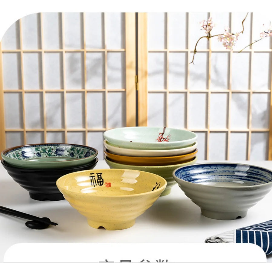 Hand-Painted Noodle Bowls – Large, Medium, Small Ramen, Pho & Soup Bowl Set in Brown, Blue, Green, Yellow