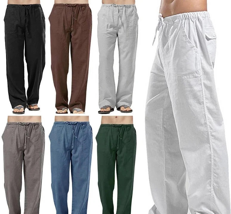 Men’s Wide-Leg Trousers – Relaxed Fit Elasticated Waist Drawstring Linen-Style Pants