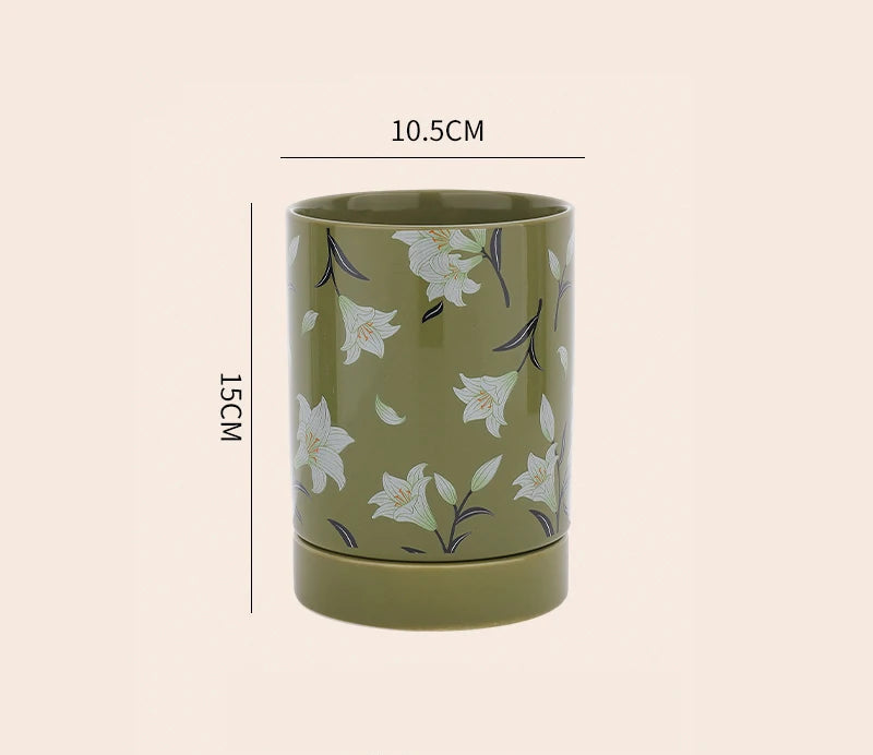 Floral Ceramic Kitchen Utensil Holder with Drain Tray – Cutlery Caddy, Chopstick Holder, Spoon & Fork Storage Jar