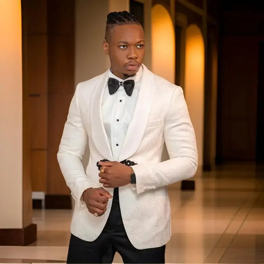 Carrington Men’s White Jacquard Shawl Lapel Blazer – Slim Fit Formal Evening Dinner Jacket Wedding Tuxedo
