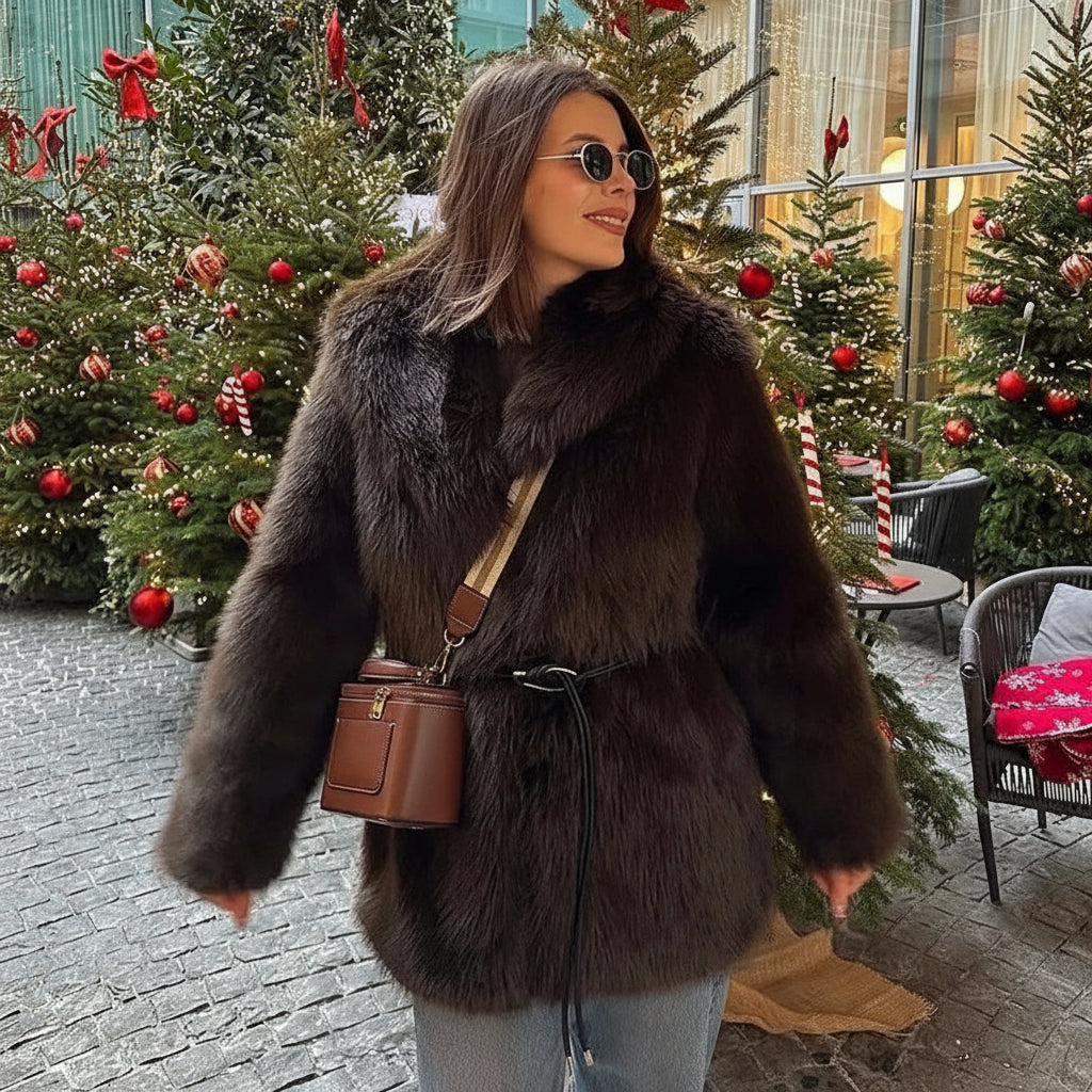 Marquelle Belted Plush Faux Fur Coat – Women’s Long Luxury Winter Jacket for Daywear and Evening Partywear