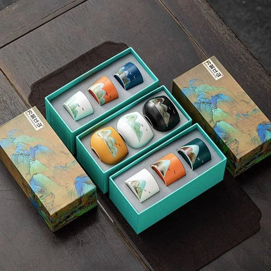 Takumi Mountain Ceramic Tea Cup Gift Set – 3 Piece Small Tea Cups with Gift Box for Espresso, Coffee and Tea Serving Tableware