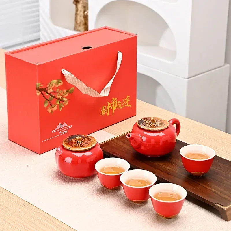 Red Ceramic Teapot & Teacup Set – Traditional Style Afternoon Tea Gift Set with 4/6 Pieces